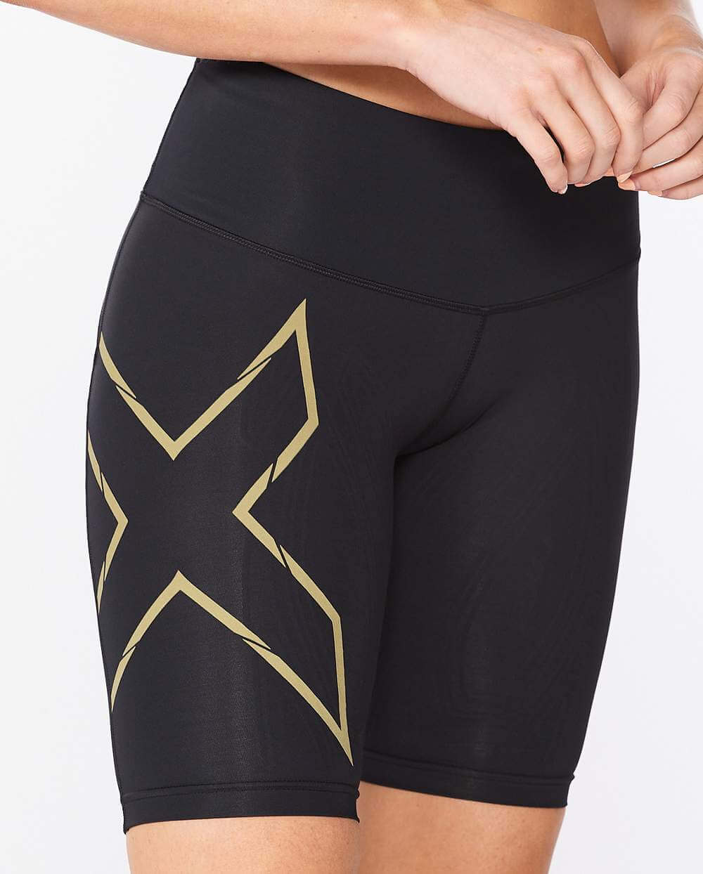 Light Speed Mid-Rise Compression Shorts, Black/Gold Reflective